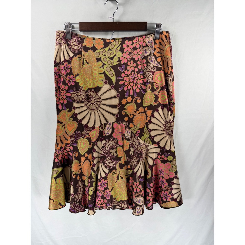 Trina Turk Los Angeles Psychedelic Floral Paisley Flounce Hem Midi Skirt Brown 8